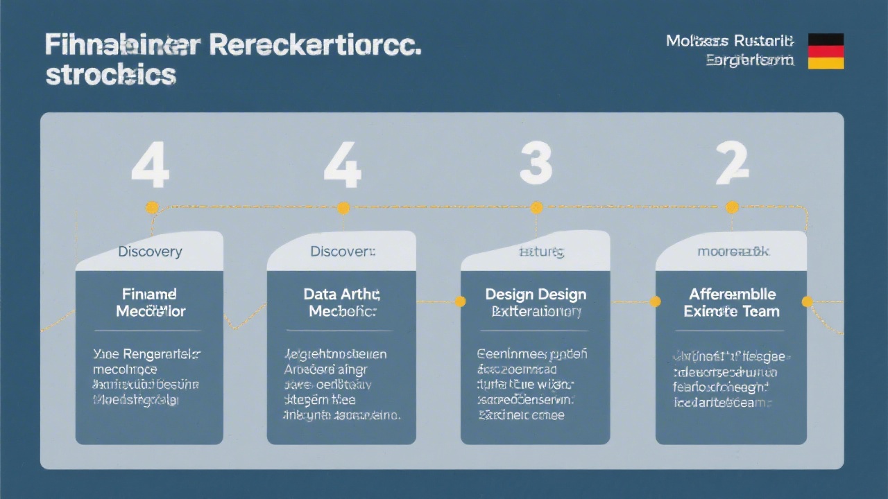 Structured process diagram highlighting four-phase financial reporting methodology including discovery, data architecture, reporting design, and enablement for German executive teams.