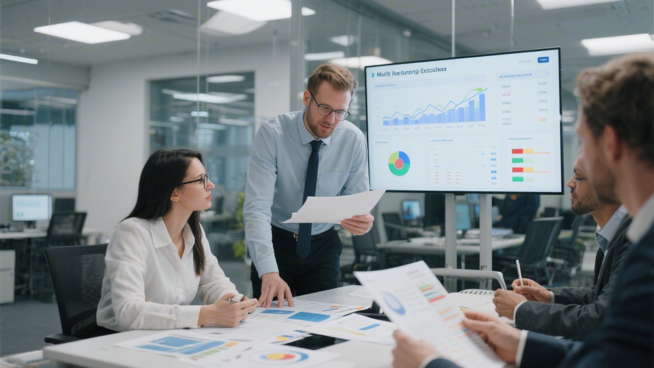 Professional scene showing German finance specialists collaborating over printed management reports and digital dashboards within a modern Berlin office environment focused on monthly closing excellence.