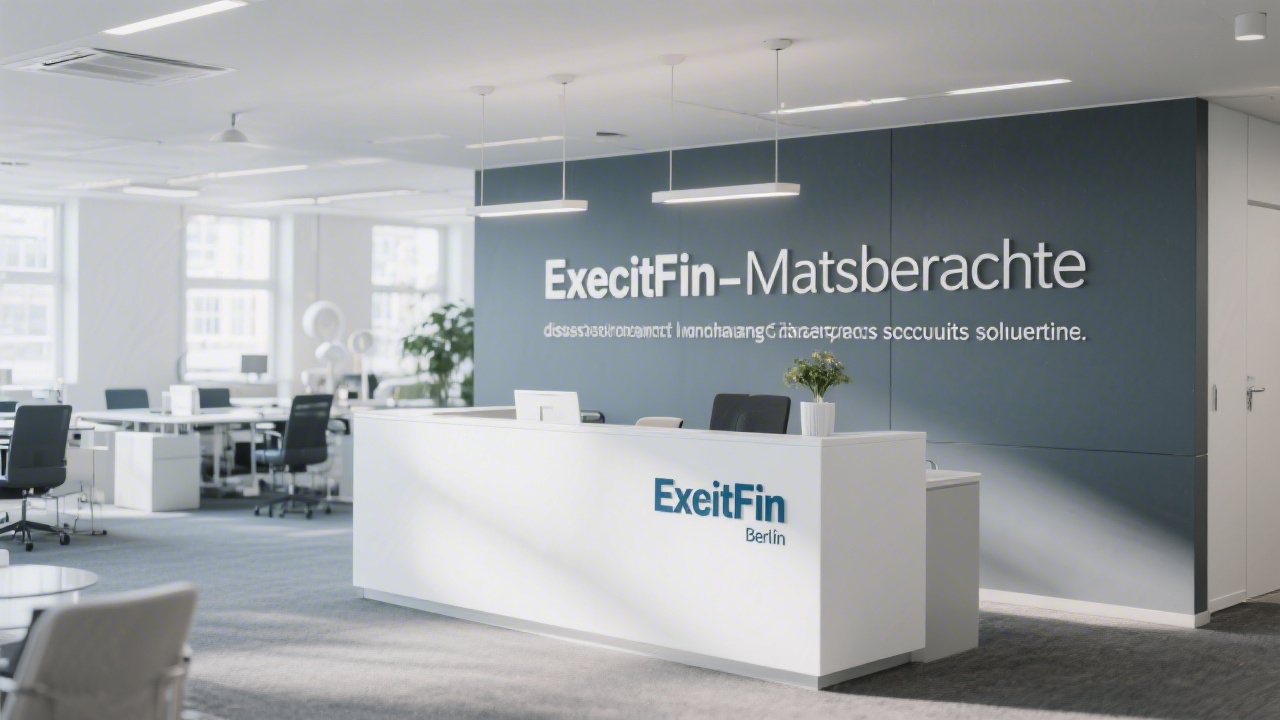 Modern Berlin office reception area with signage for ExecFin Monatsberichte welcoming visitors to discuss management financial reporting solutions.
