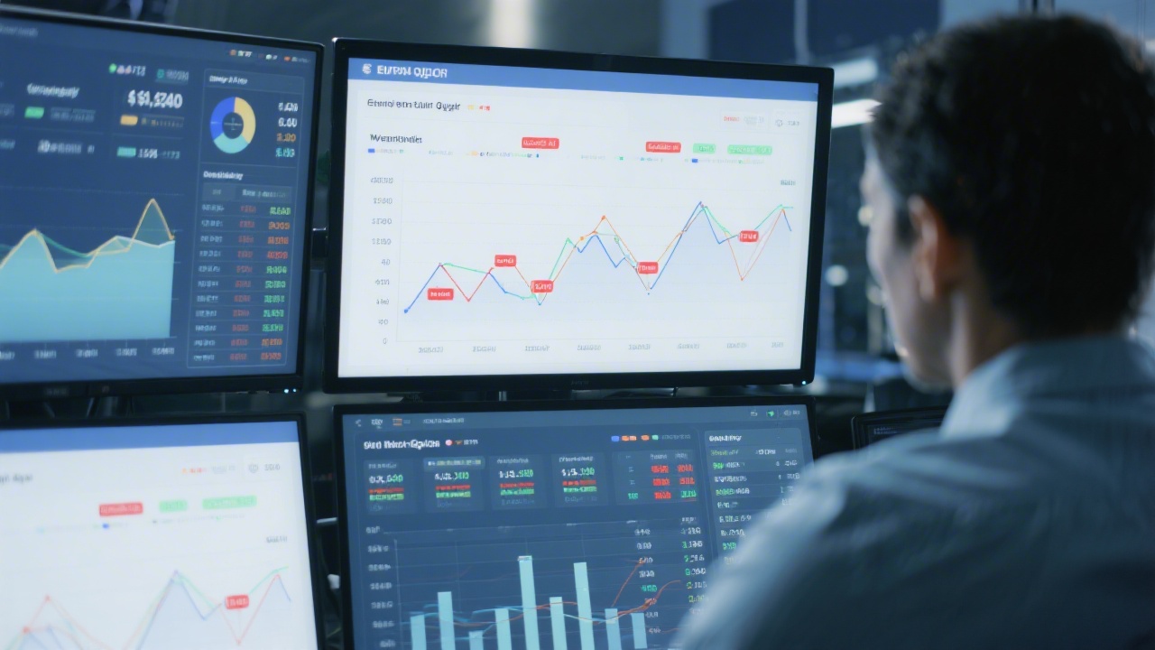 Close-up representation of analyst evaluating financial data quality charts with variance thresholds, anomaly flags, and audit trail columns on calibrated monitors in a secure European operations control room.