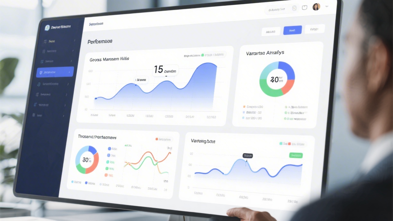 Detailed dashboard view depicting performance metrics including gross margin waterfall, variance analysis, and trend lines optimized for executive financial reporting reviews.