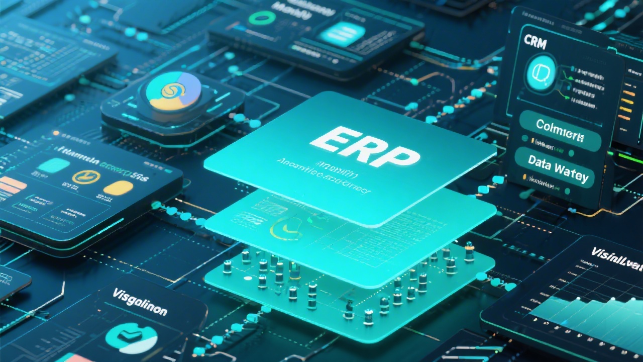 Collage of enterprise technology platforms interconnected for automated monthly financial reporting including ERP, CRM, data warehouse, and visualization layers in teal gradient hues.